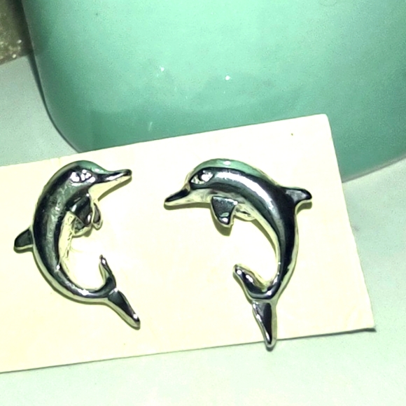 Silver Plated Dolphin Pierced Earrings - Picture 2 of 7